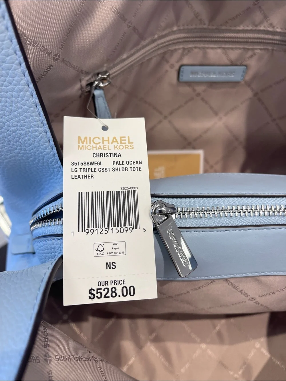 Michael Kors Christina Large Pebbled Leather Shoulder Bag Pale Ocean  NWT